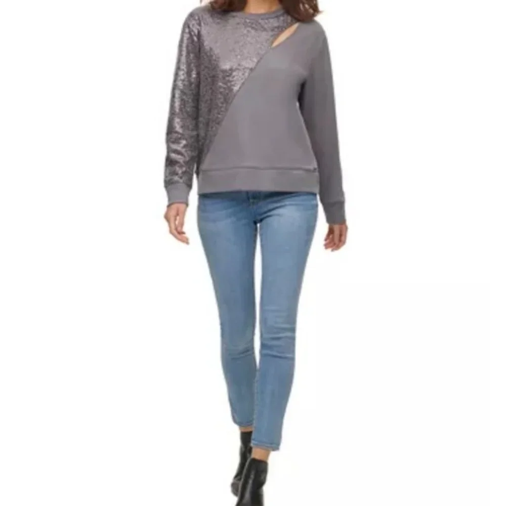 DKNY designer sequin embellished keyhole sweatshirt top - Picture 2 of 6
